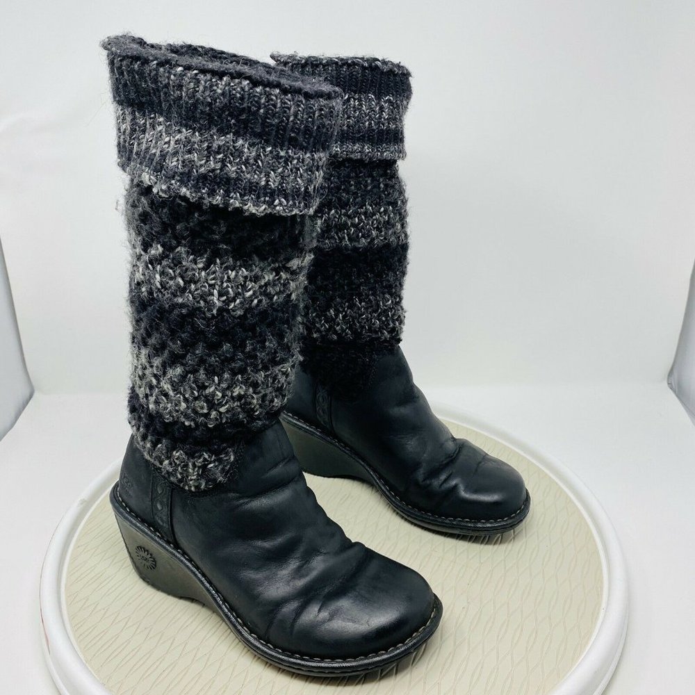 Ugg Women Wedge Knit Boots 7 Cresthaven Black Wedge Winter Tall Stripe Sock